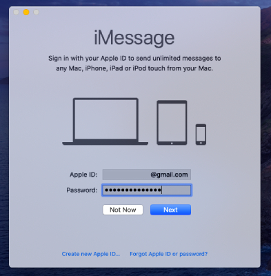 Enter Apple ID and Password to use iMessage