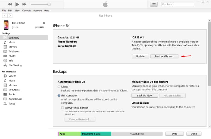 Restore iPhone via iTunes