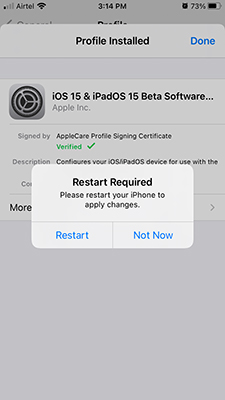 Restart Required while installing iOs 15 beta